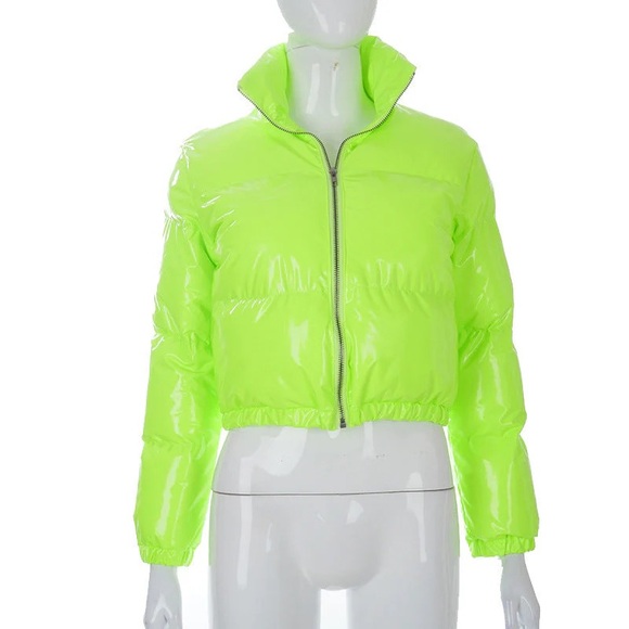 Cropped Puffer Jacket - Women's Shiny Short Coat - Picture 2 of 3